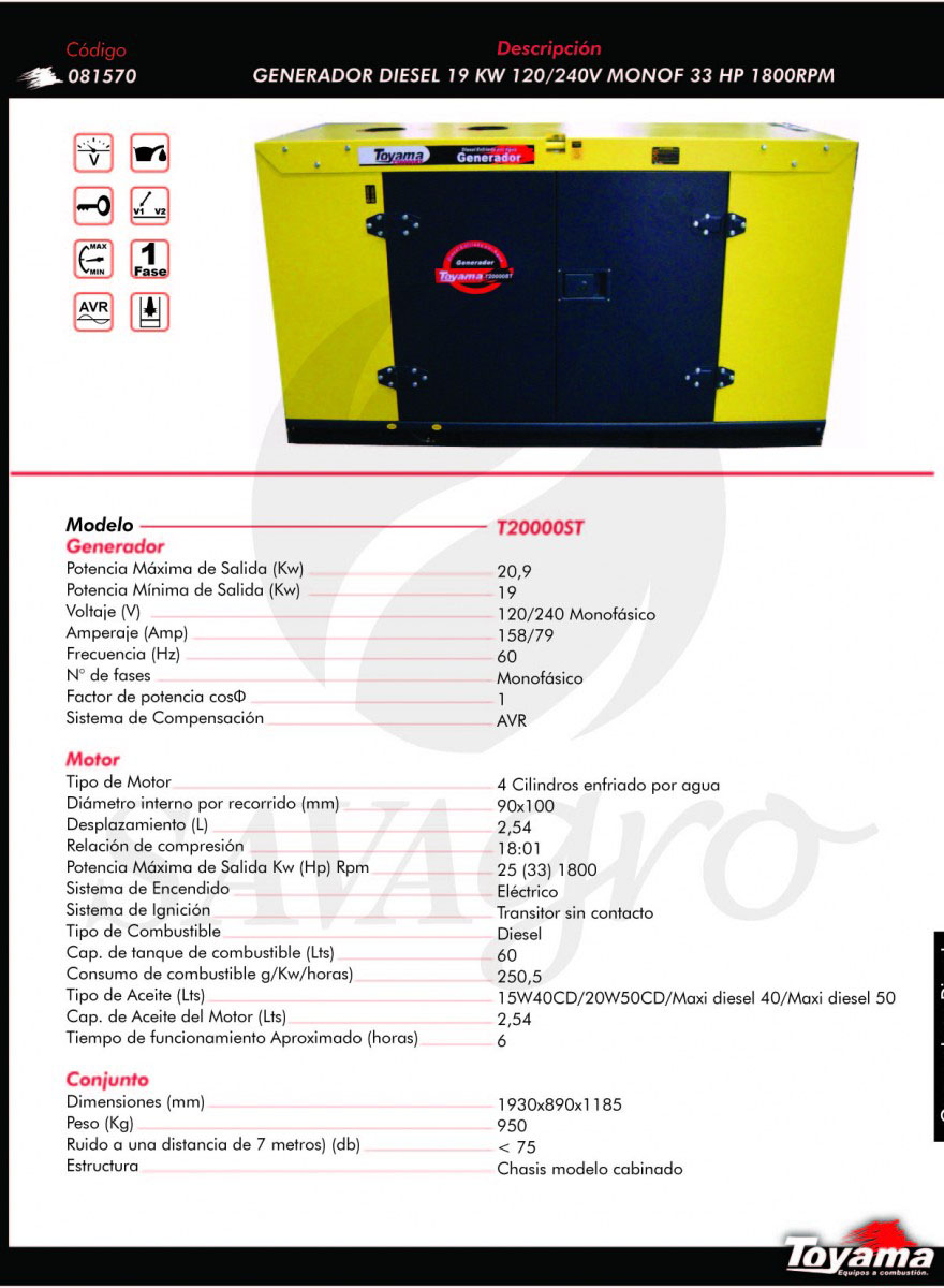 Generador Diesel TOYAMA de 19 Kw T20000ST 081570
