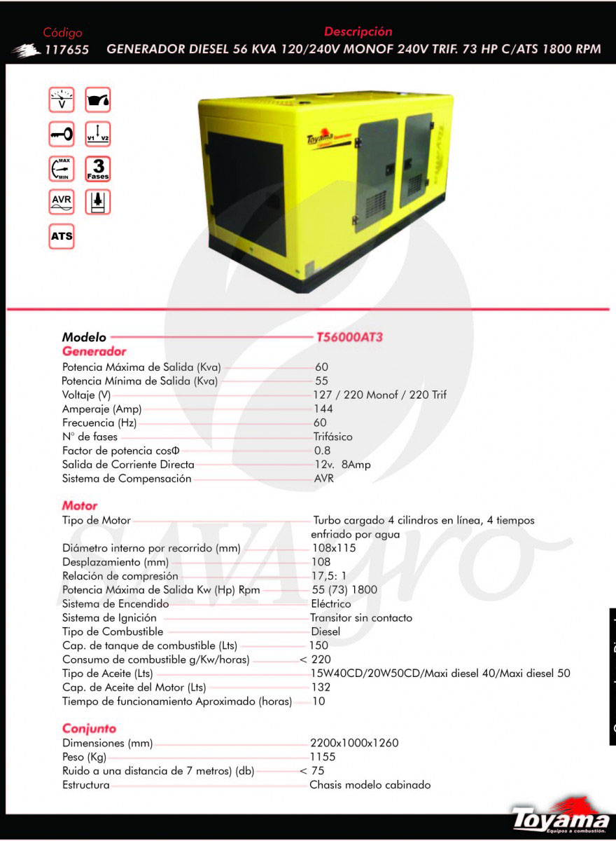 Generador Diesel TOYAMA de 56 Kva T56000AT3 117655