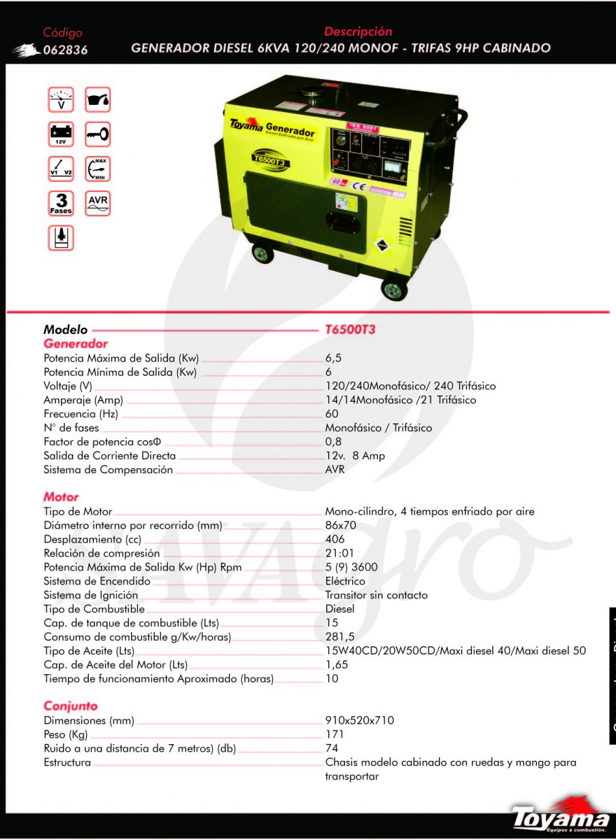 Generador Diesel TOYAMA de 6 KVA T6500T3 062836