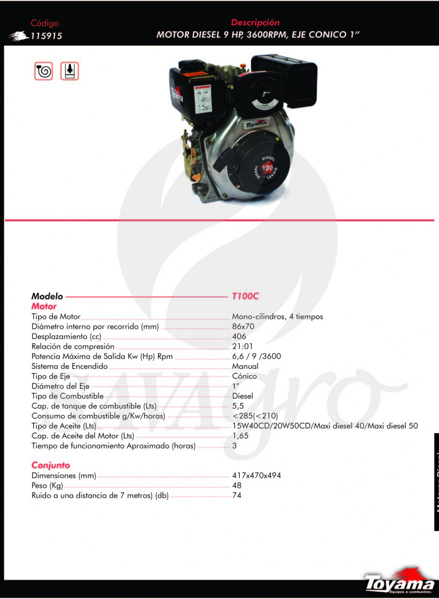 Motor Diesel 9hp 3600 RPM T100C 115915