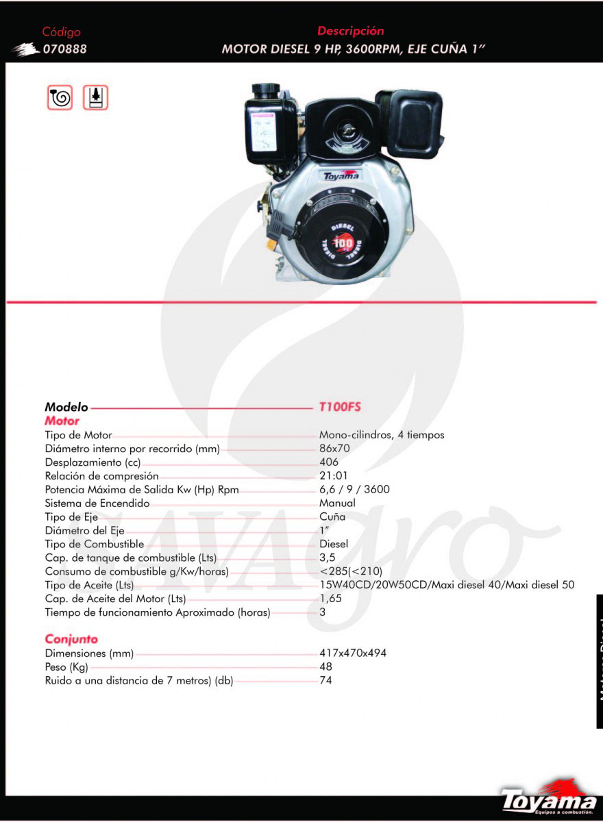 Motor Diesel 9hp 3600 RPM T100FS 070888