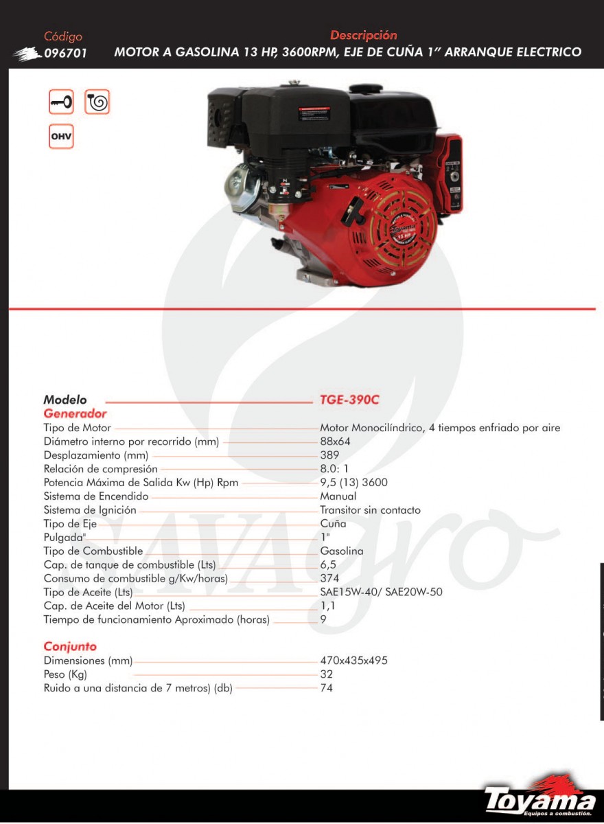 Motor a gasolina 13hp 3600 rpm TGE-390C 096701