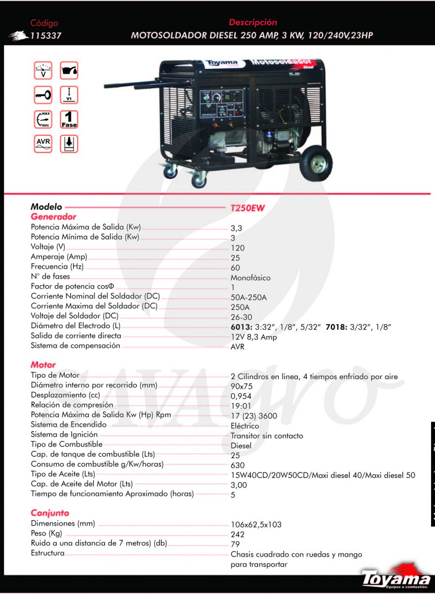 Motosoldador Diesel 250 apm, 3 kw T250EW 115337